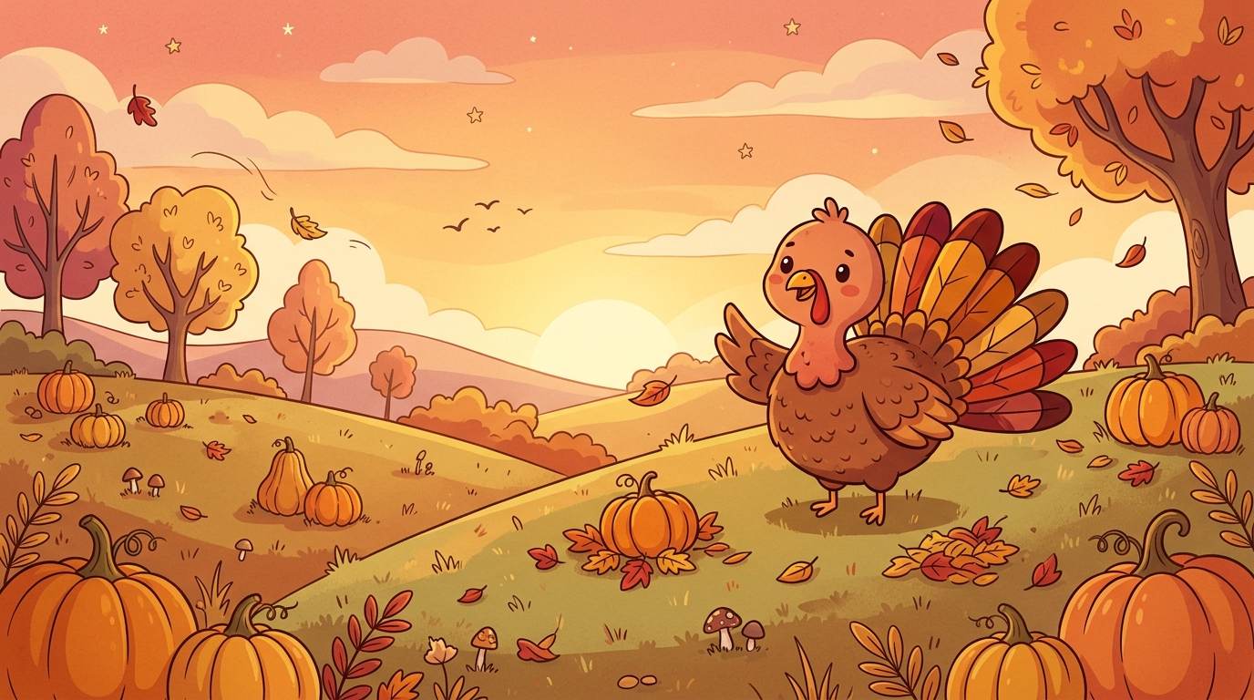 Cute turkey standing in a pumpkin patch with autumn leaves and sunset colors