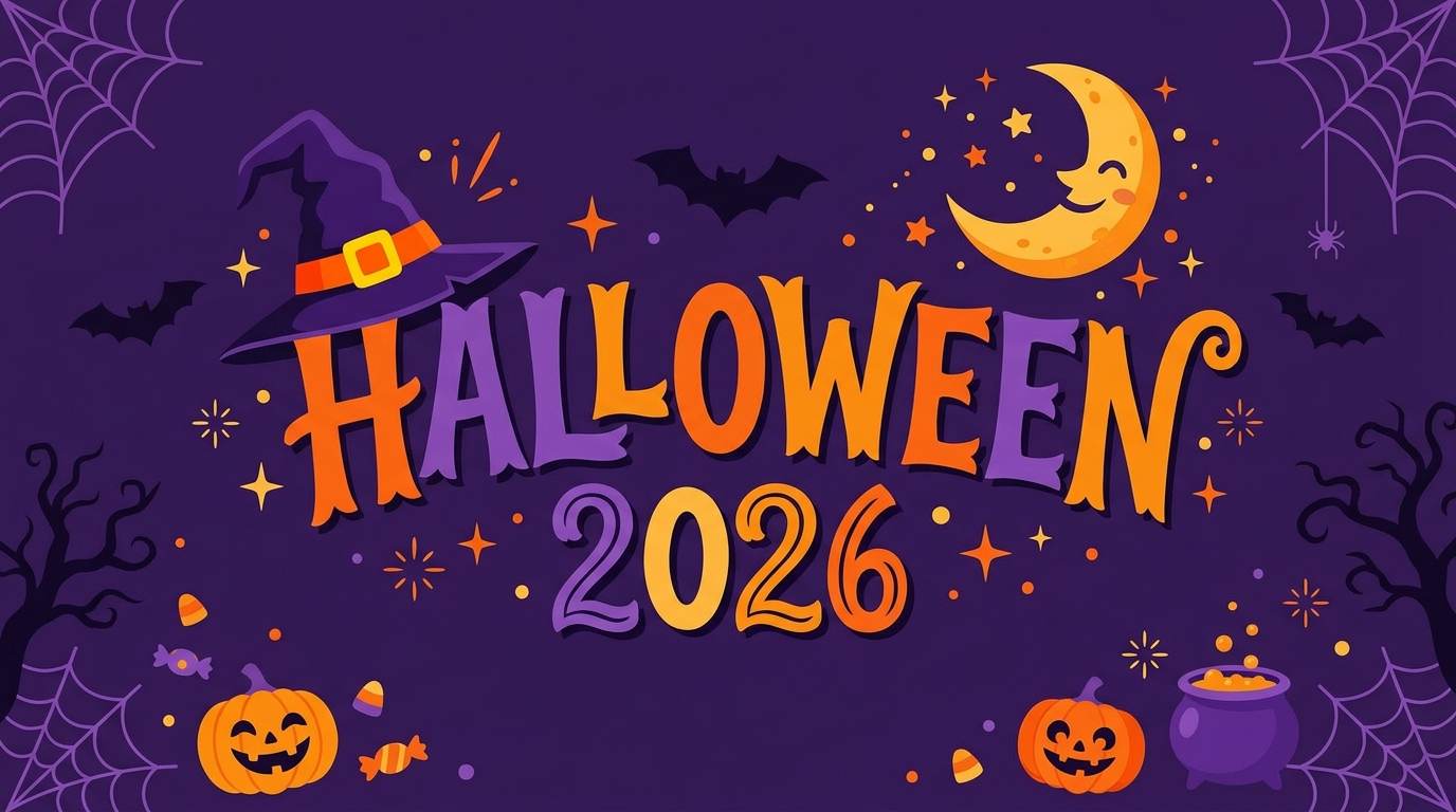 Halloween 2026 graphic with a smiling moon, bats, pumpkins, and spiderwebs on a purple background