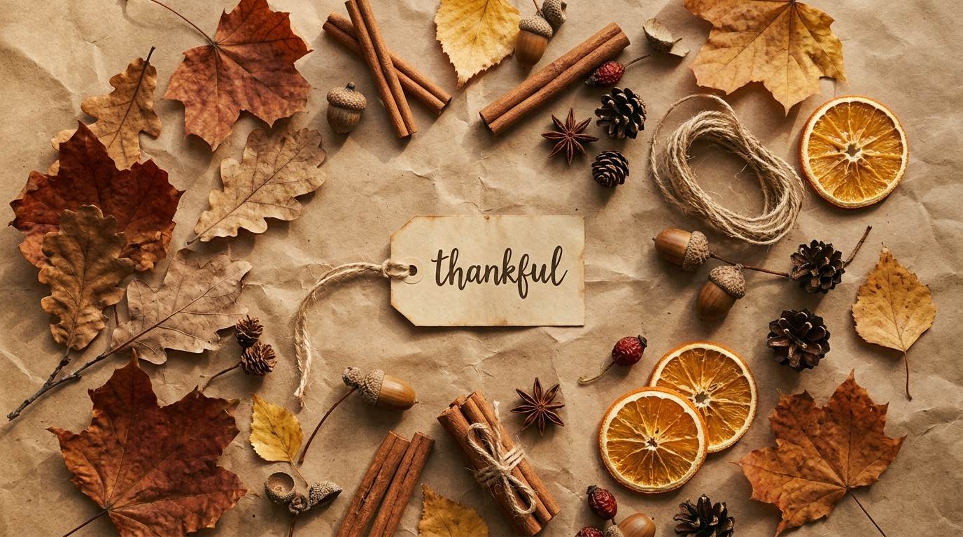 Autumn flat lay with leaves, cinnamon sticks, pinecones, dried orange slices, and a thankful tag on kraft paper