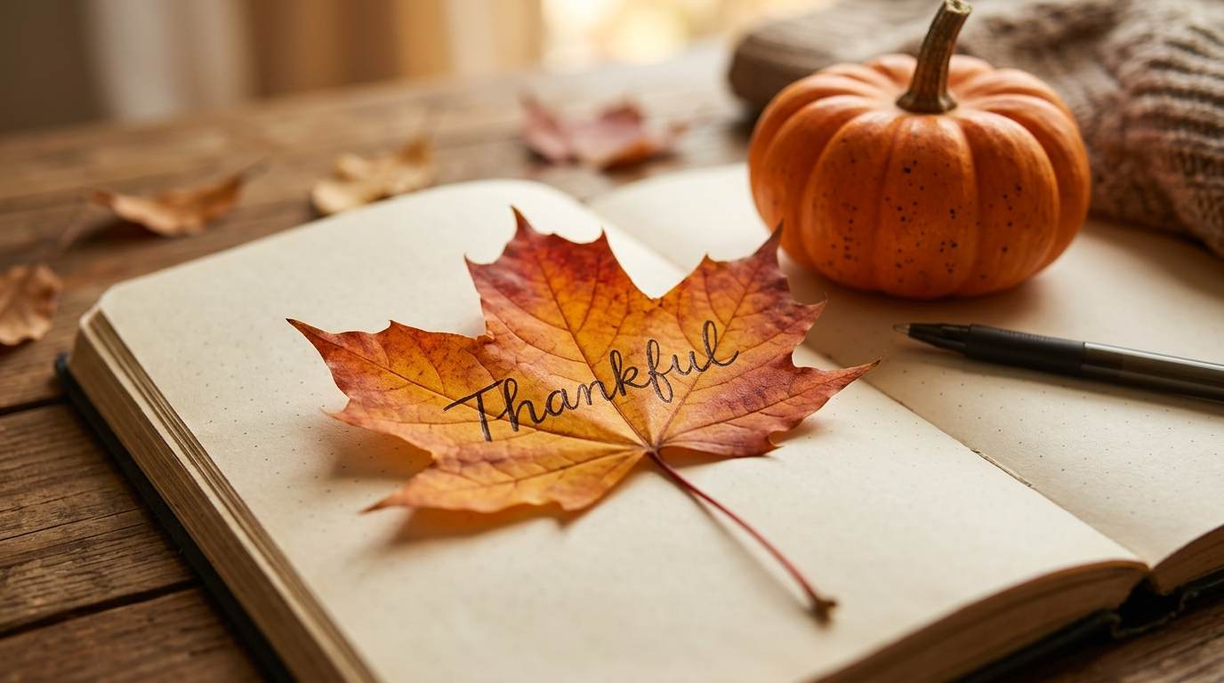 Autumn leaf with the word Thankful on an open notebook beside a small pumpkin