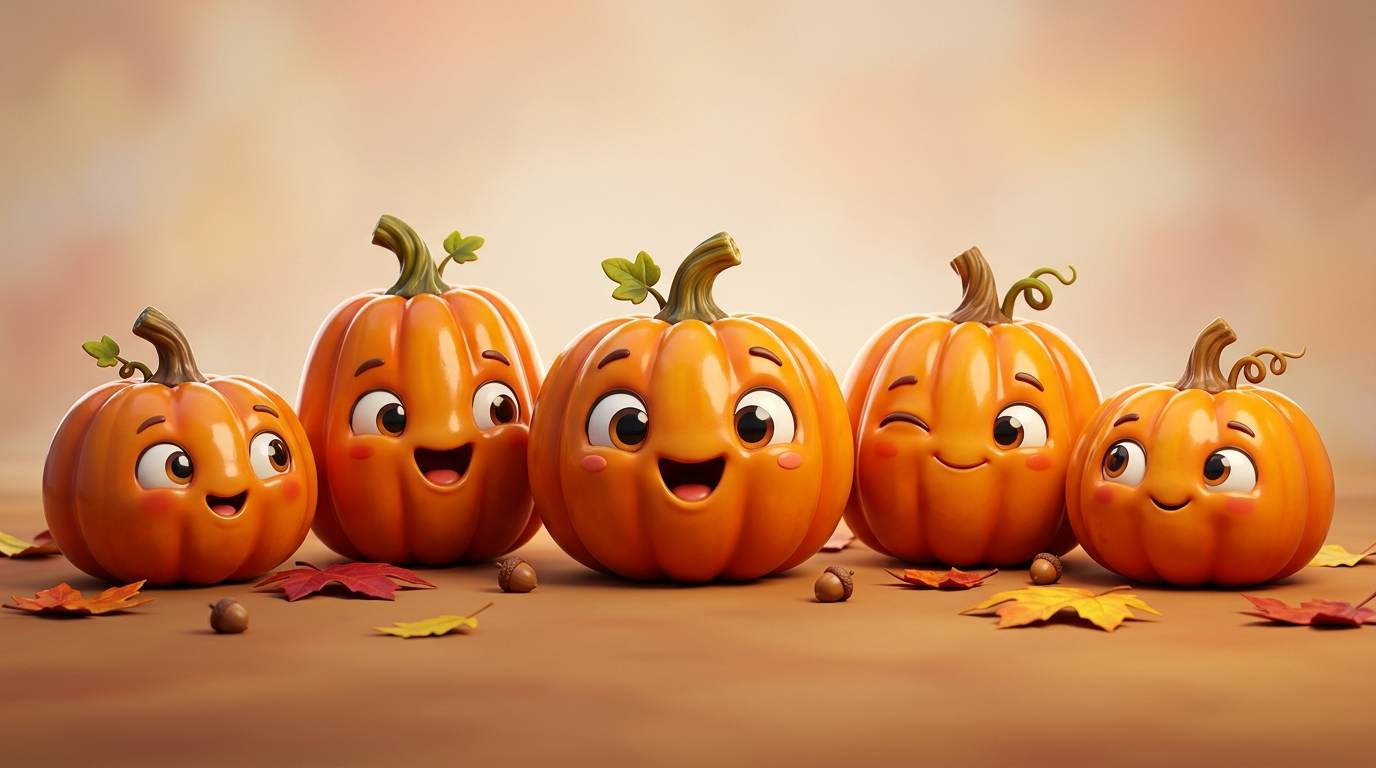 Five smiling cartoon pumpkins with autumn leaves and acorns on a warm background
