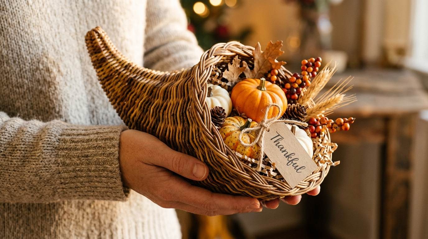 Hands holding a wicker autumn basket with mini pumpkins, leaves, and a thankful tag