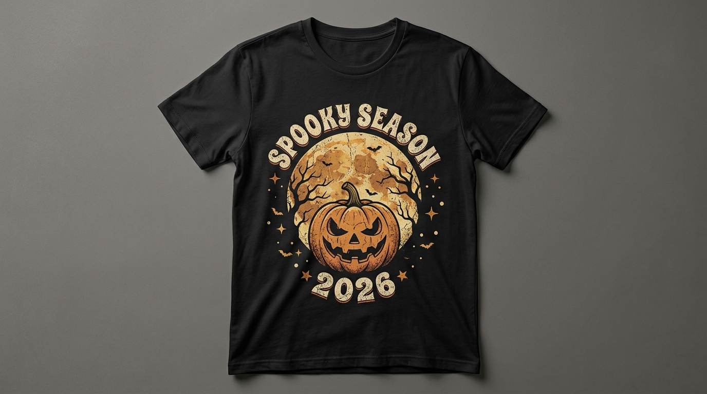 Black Halloween T-shirt with a pumpkin and moon graphic on a gray background