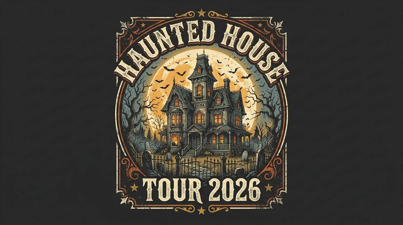 Vintage-style haunted house poster with bats, bare trees, and the text Haunted House Tour 2026