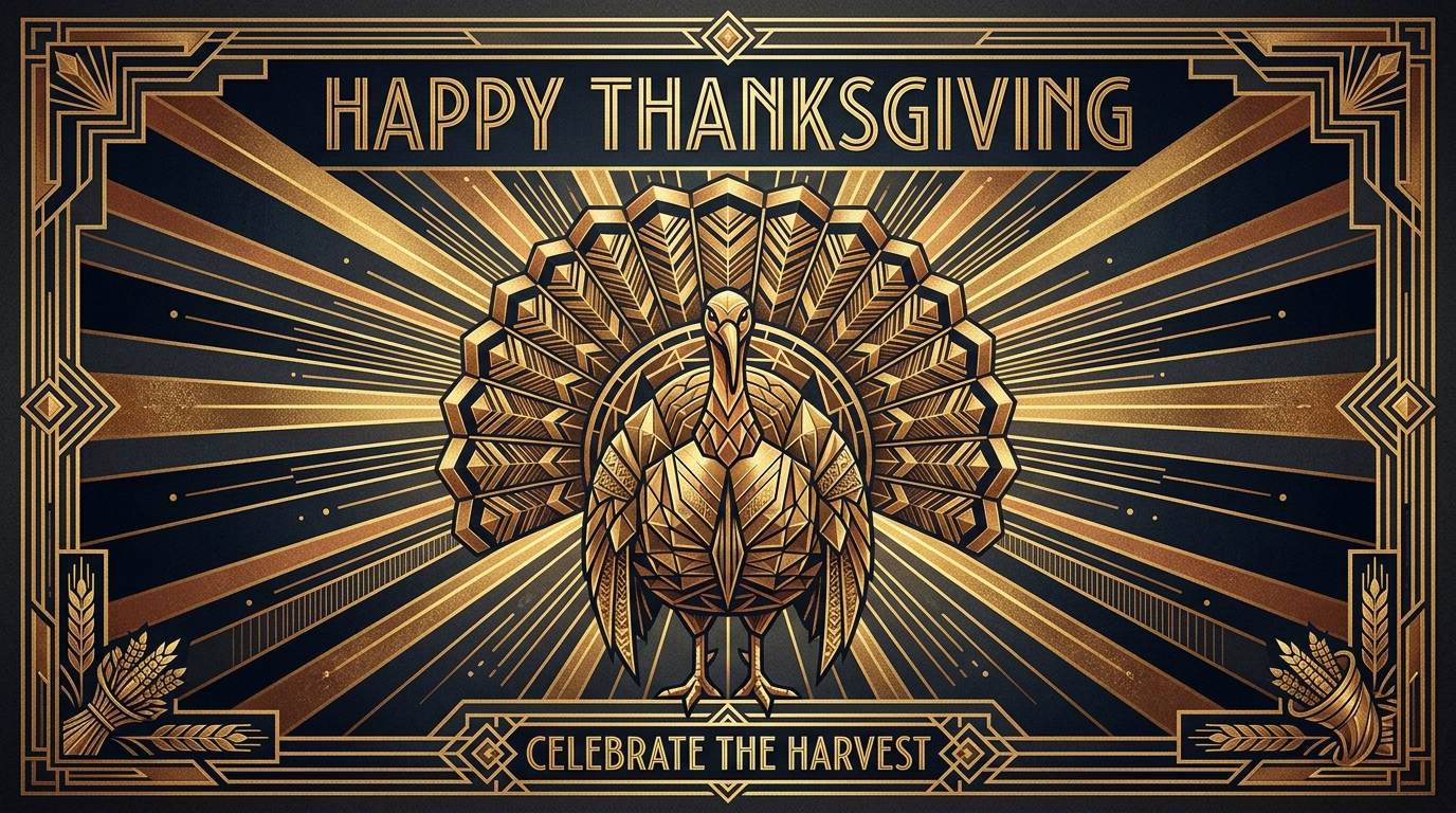 Art deco Thanksgiving poster featuring a geometric turkey and gold rays