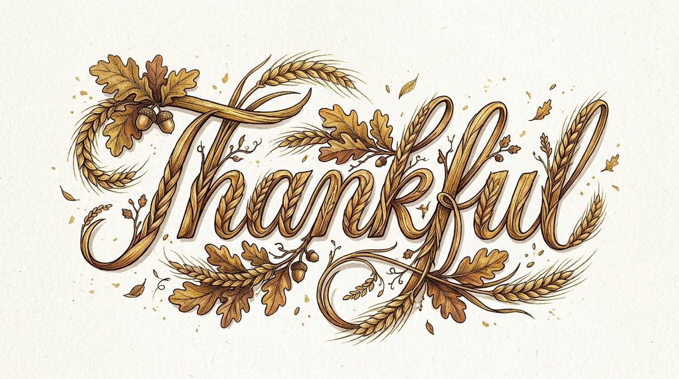 Decorative thankful lettering surrounded by autumn leaves and wheat on a light background