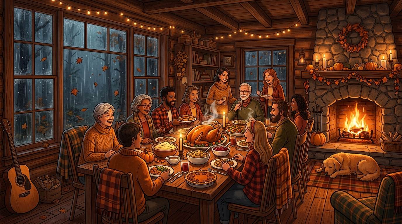 Family gathered around a holiday dinner table in a cabin beside a glowing fireplace
