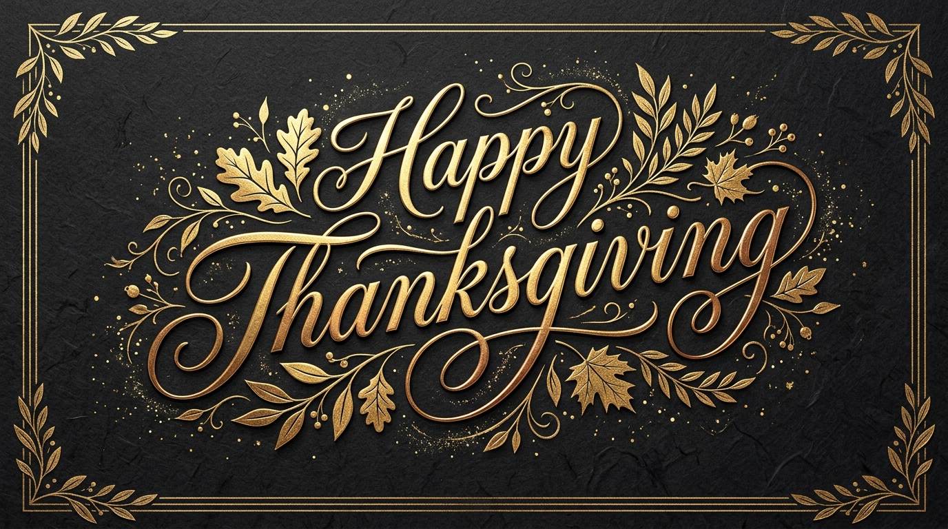 Gold Happy Thanksgiving script with decorative leaves on a dark background
