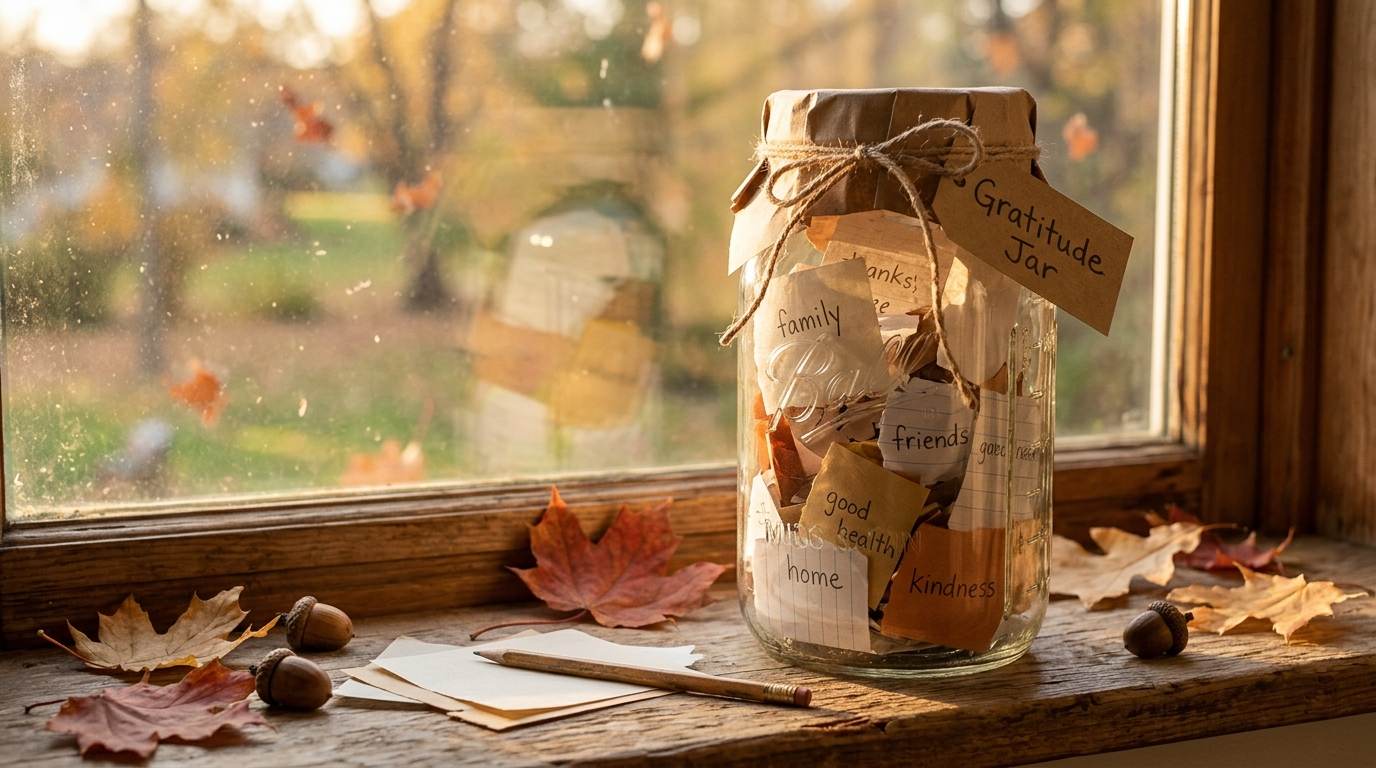 A gratitude jar filled with handwritten notes on a rustic windowsill with autumn leaves