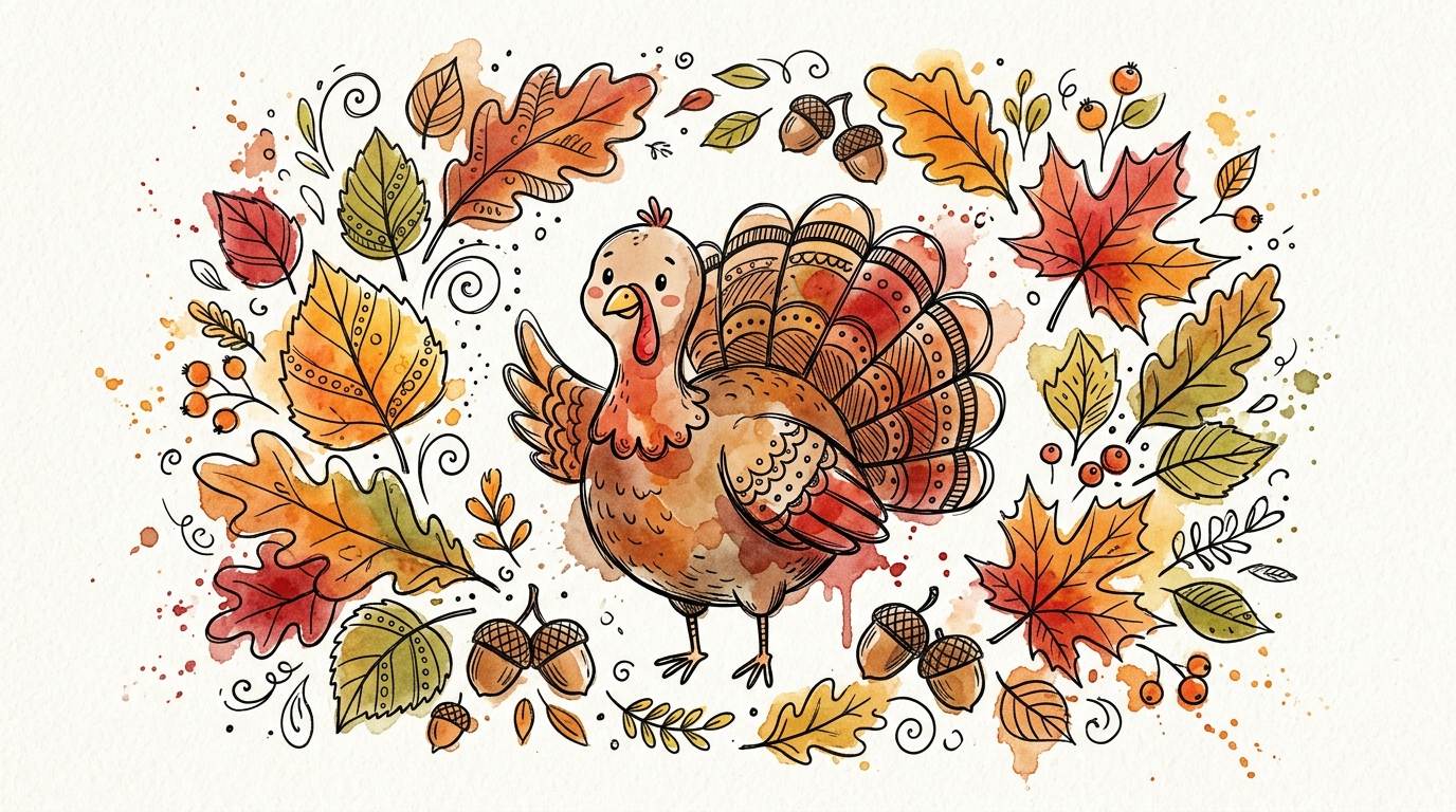 Watercolor turkey illustration framed by autumn leaves, acorns, and berries