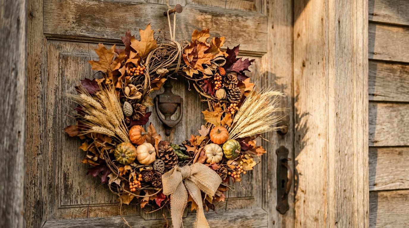Fall wreath with leaves, wheat, pinecones, and small pumpkins on a wooden door