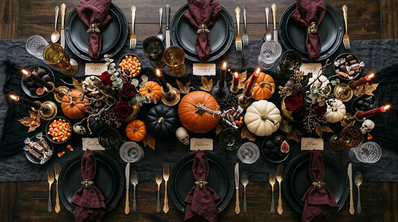 Overhead Halloween table setting with pumpkins, candles, dark plates, and autumn decorations