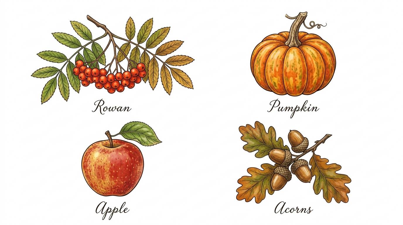 Botanical autumn illustrations of rowan berries, pumpkin, apple, and acorns on a white background