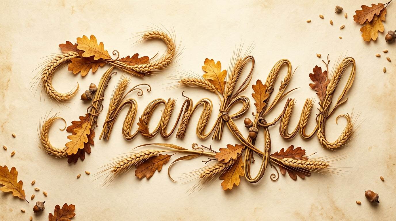 Thankful spelled in wheat and leaves on a warm autumn background