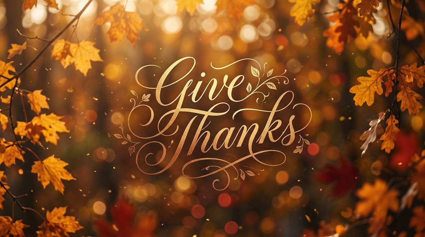 Autumn leaves framing a decorative “Give Thanks” greeting on a glowing background