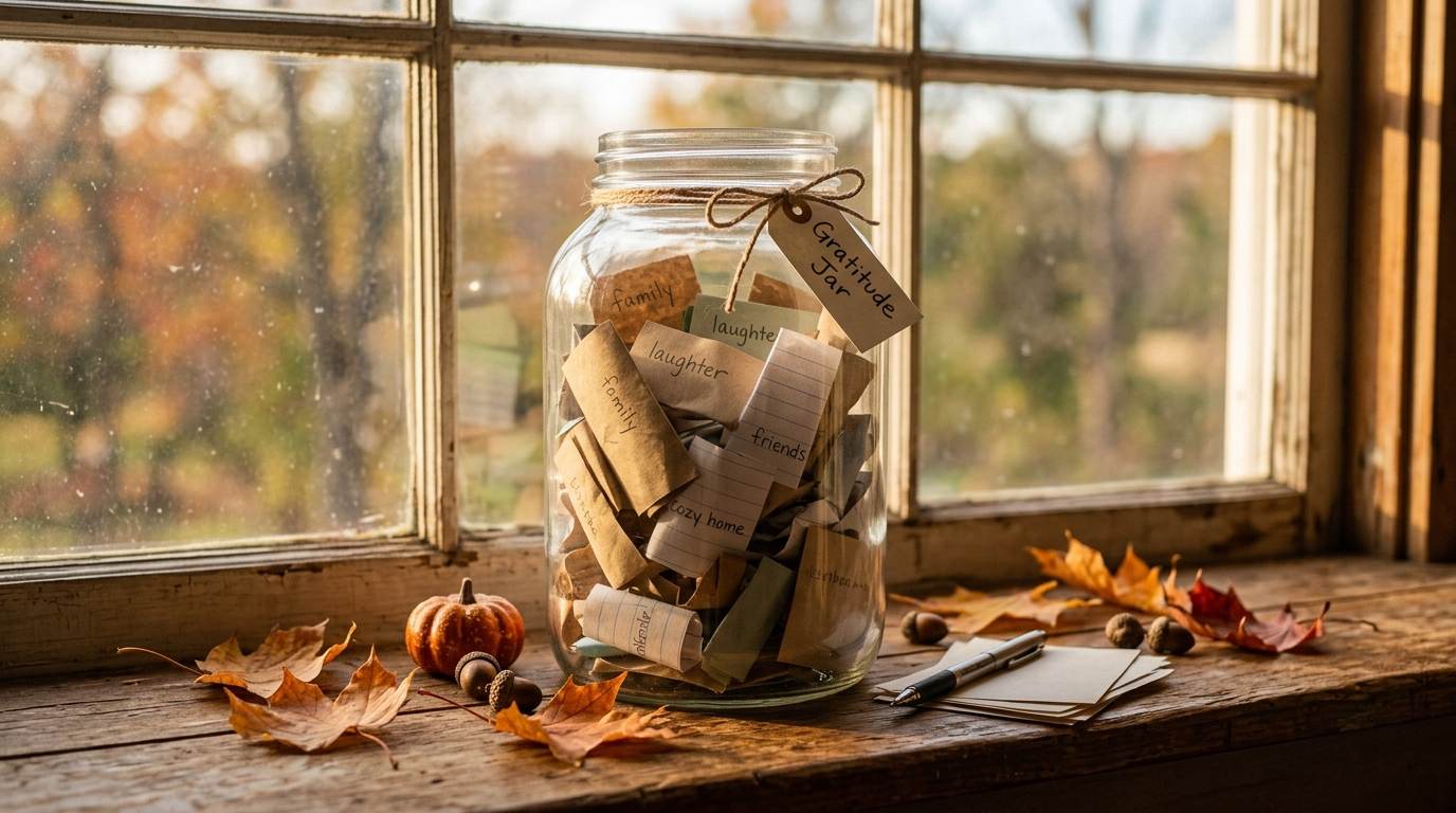 Glass gratitude jar on a rustic windowsill with autumn leaves, acorns, and a pen