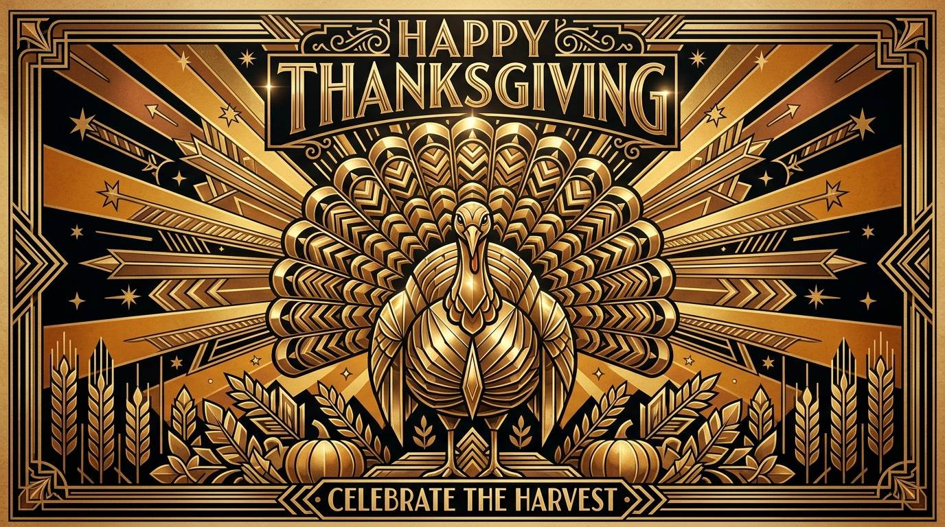 Art Deco Thanksgiving poster with a golden turkey, wheat, pumpkins, and festive lettering