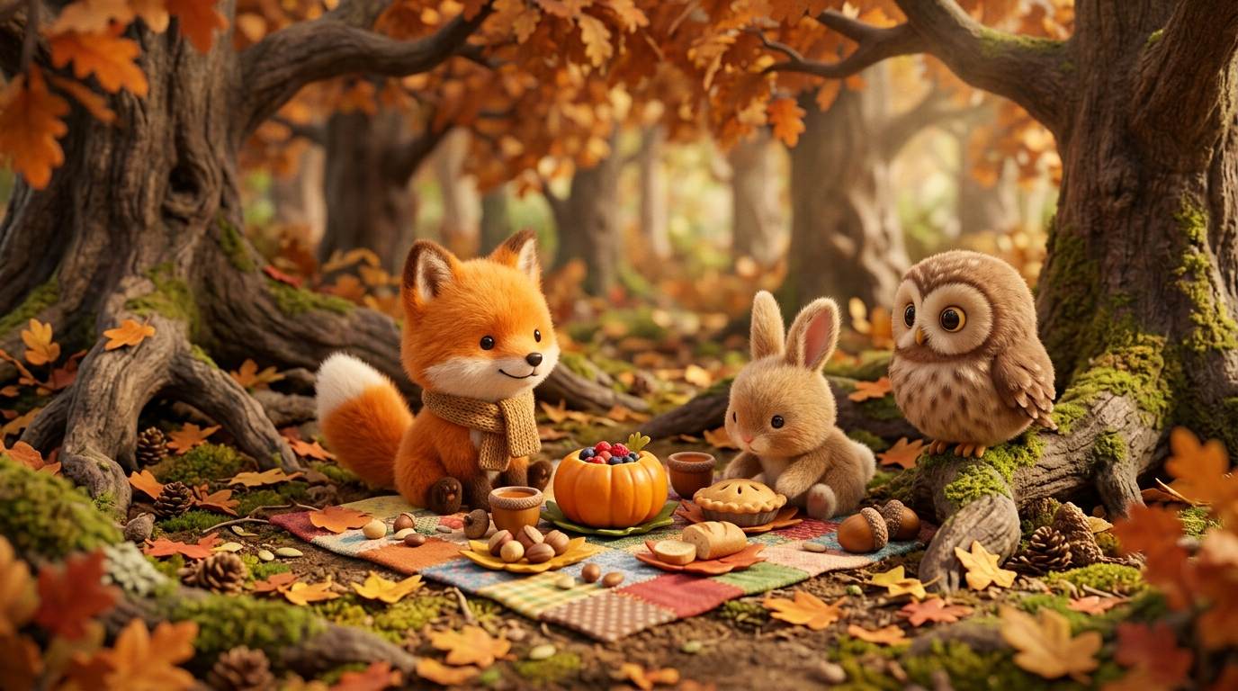 Fox, rabbit, and owl figurines gathered around a miniature autumn picnic in the woods